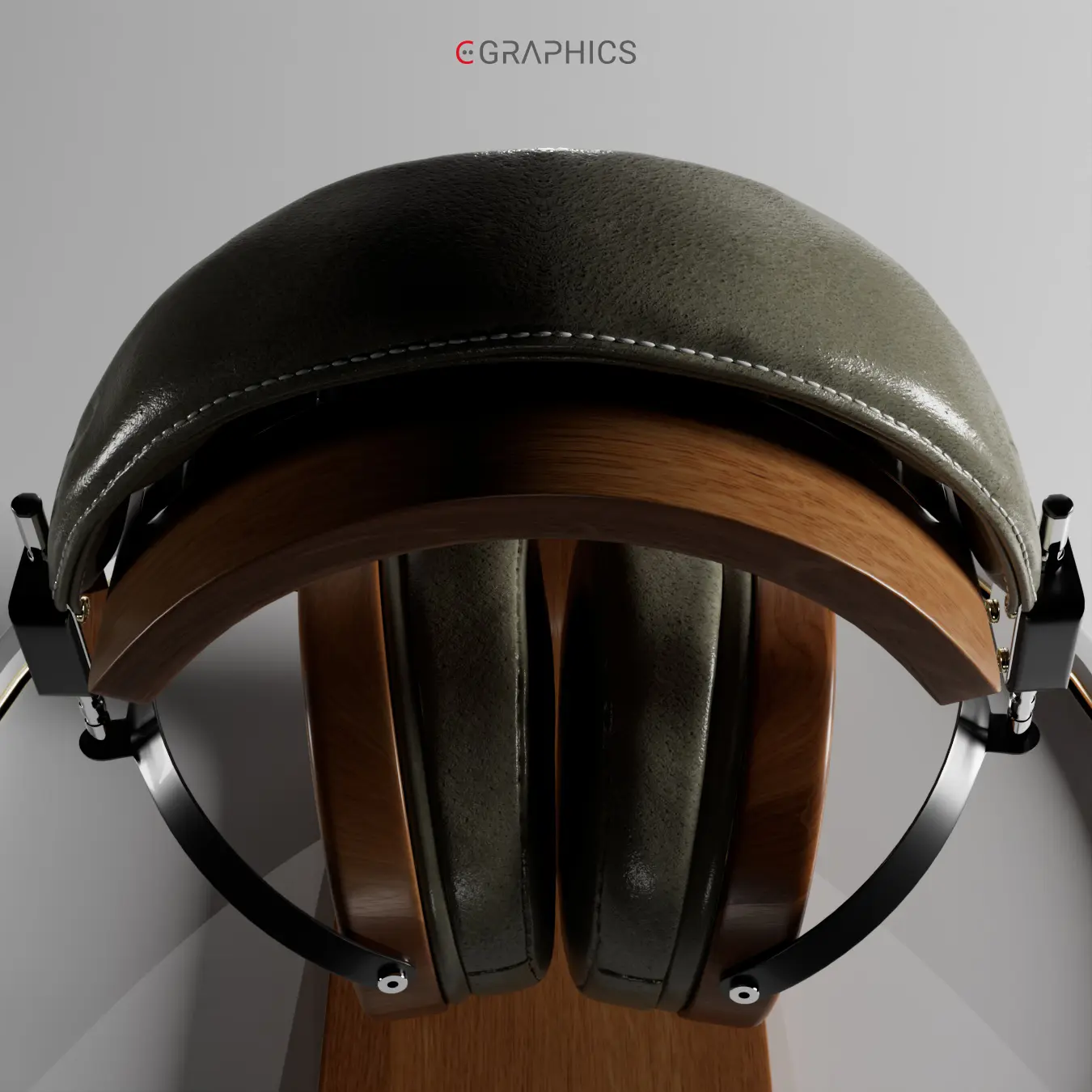 Détail précis des coutures claires sur l'arceau en cuir du casque 3D.