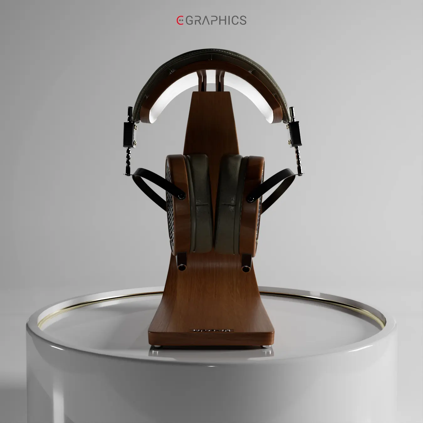 Mon rendu de face du casque audiophile sur son socle d'exposition.
