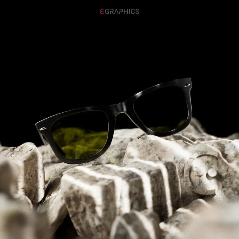 Rendu CGI détaillé d'une paire de lunettes Ray-Ban Wayfarer sur des roches grises et blanches dans image_0.png