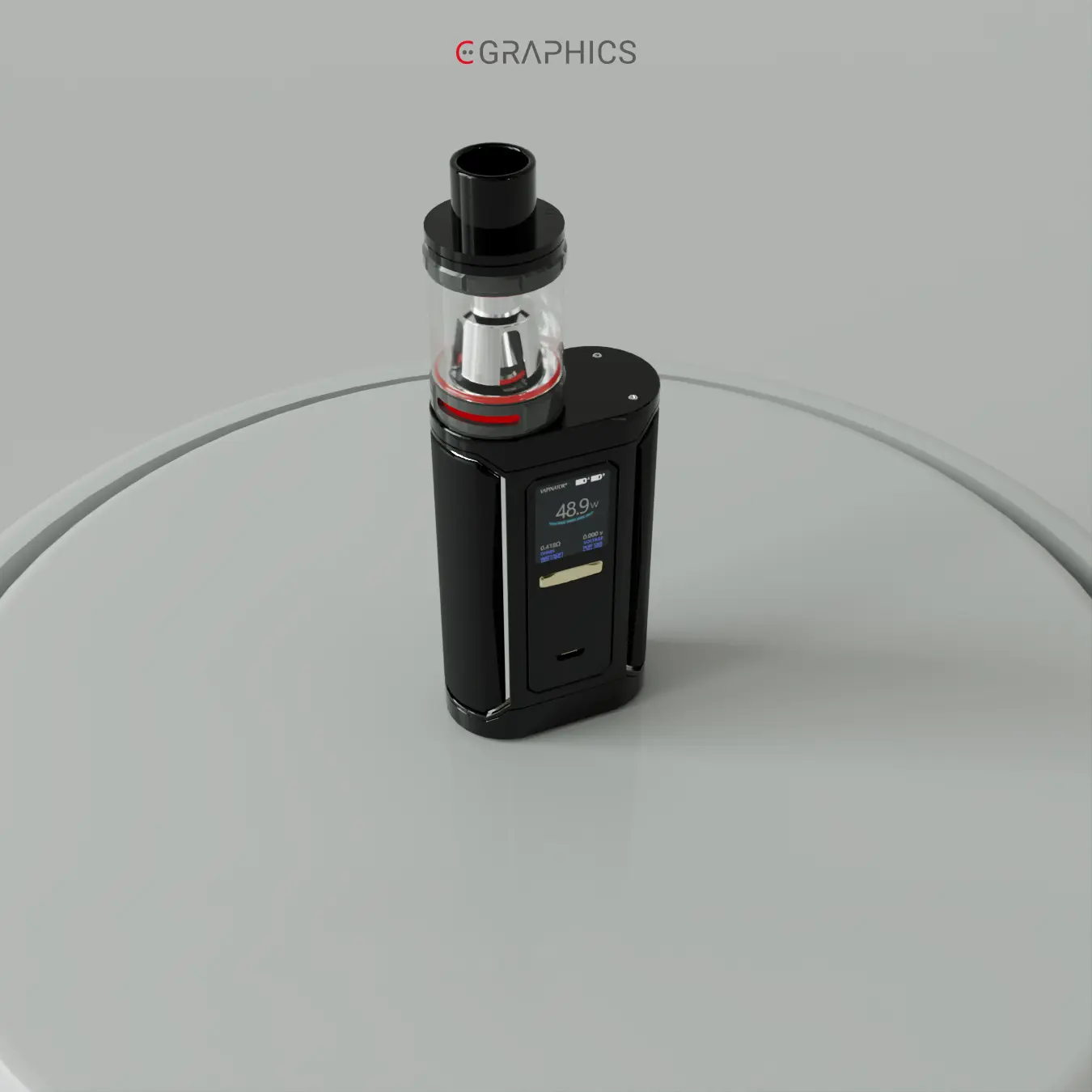 Modélisation 3D e-cigarette Vapinator vue en plongée.