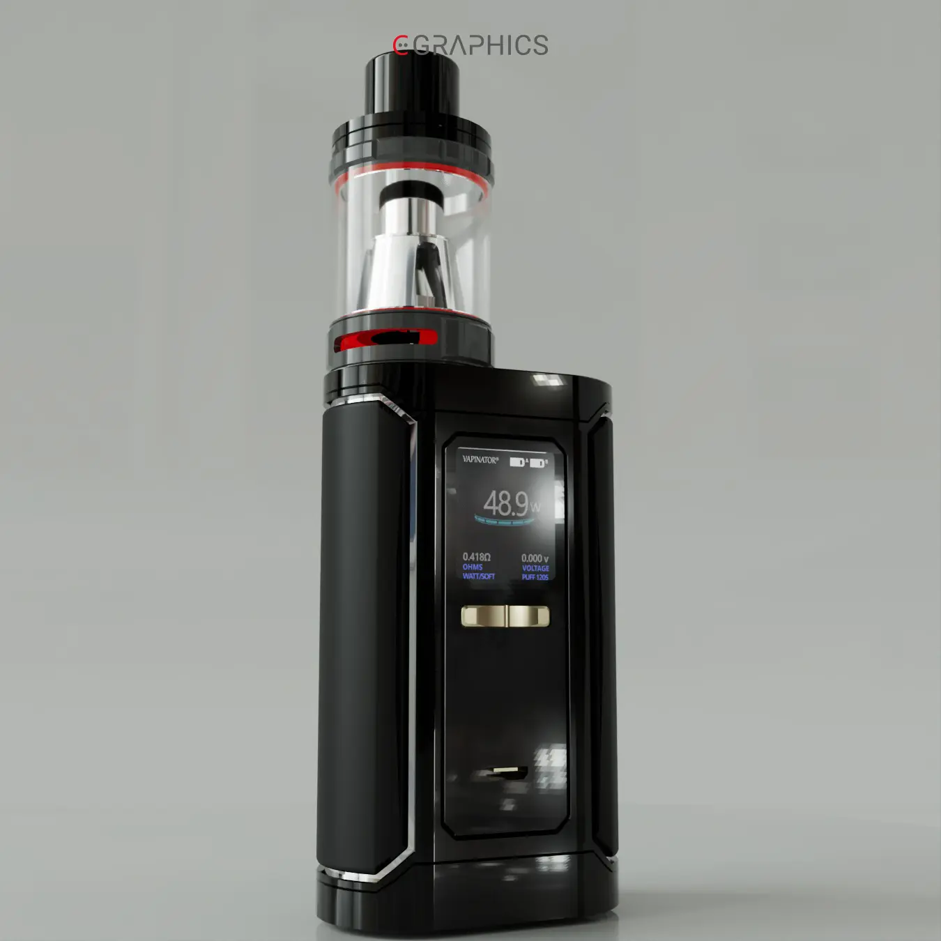 Rendu 3D photoréaliste cigarette électronique noire Vapinator.