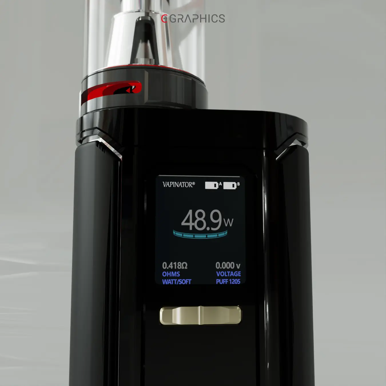 Détail écran LCD 48.9W modélisation 3D e-cigarette.