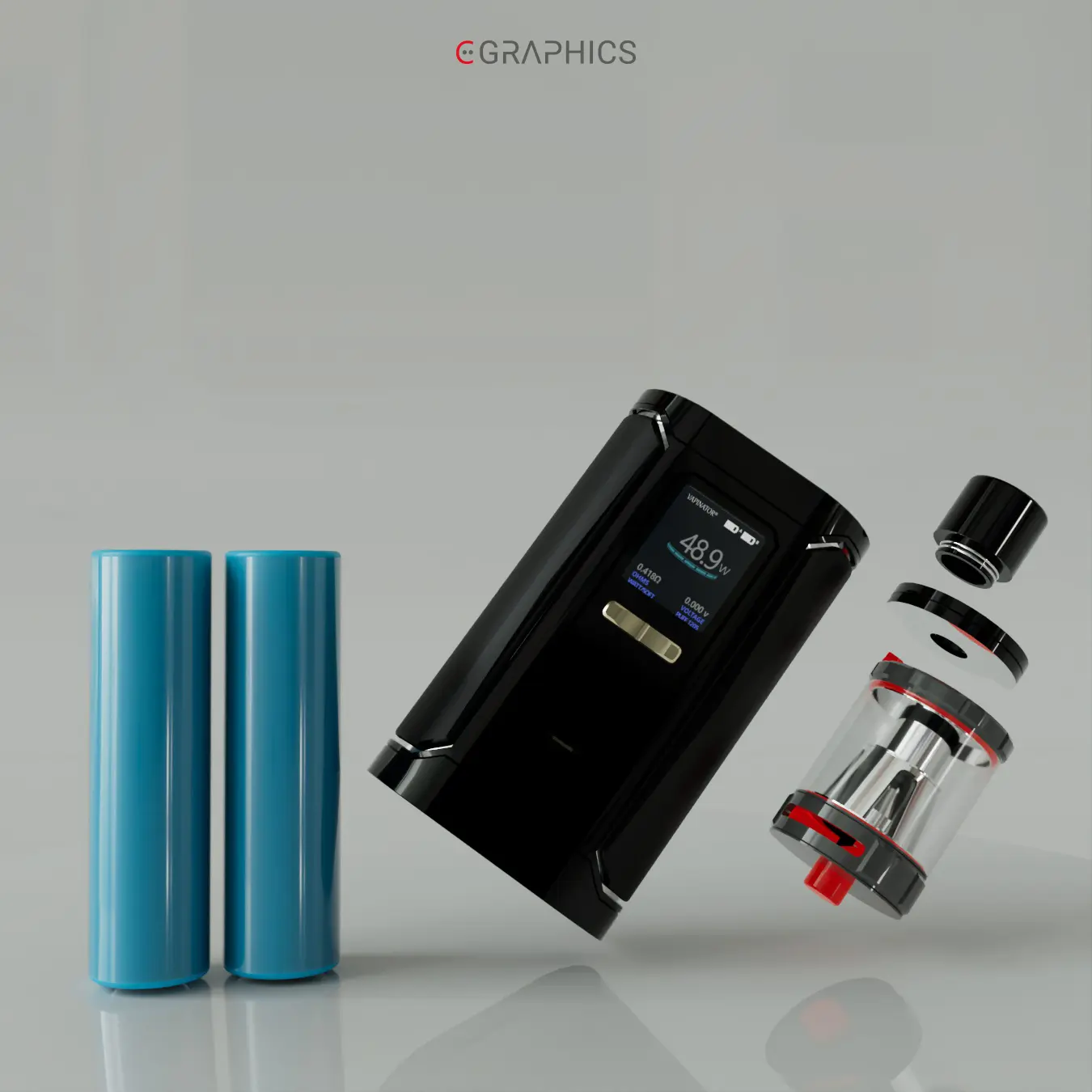 E-cigarette 3D démontée avec deux accus bleus.
