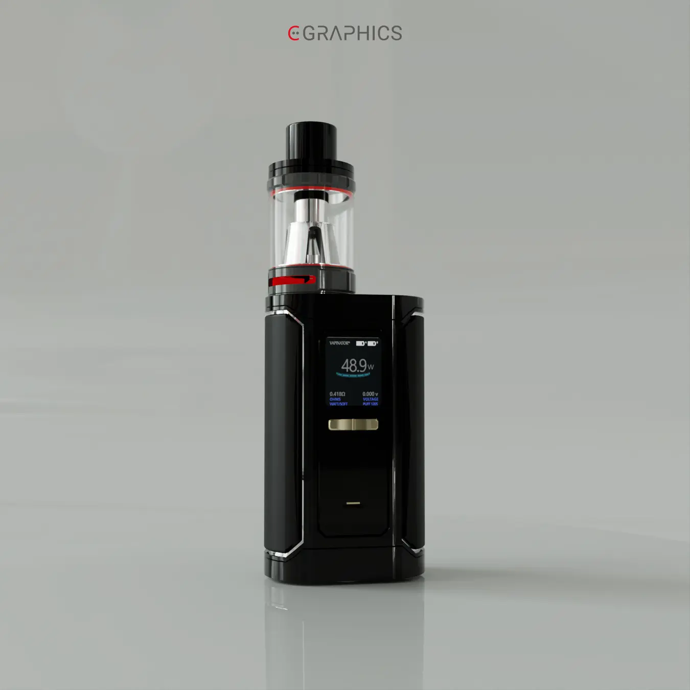 E-cigarette 3D Vapinator rendu studio éclairage neutre.