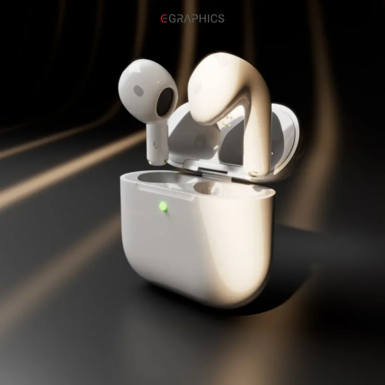 Visualisation produit CGI AirPods 4 vue 3/4 boîtier ouvert et reflets acétate brillant