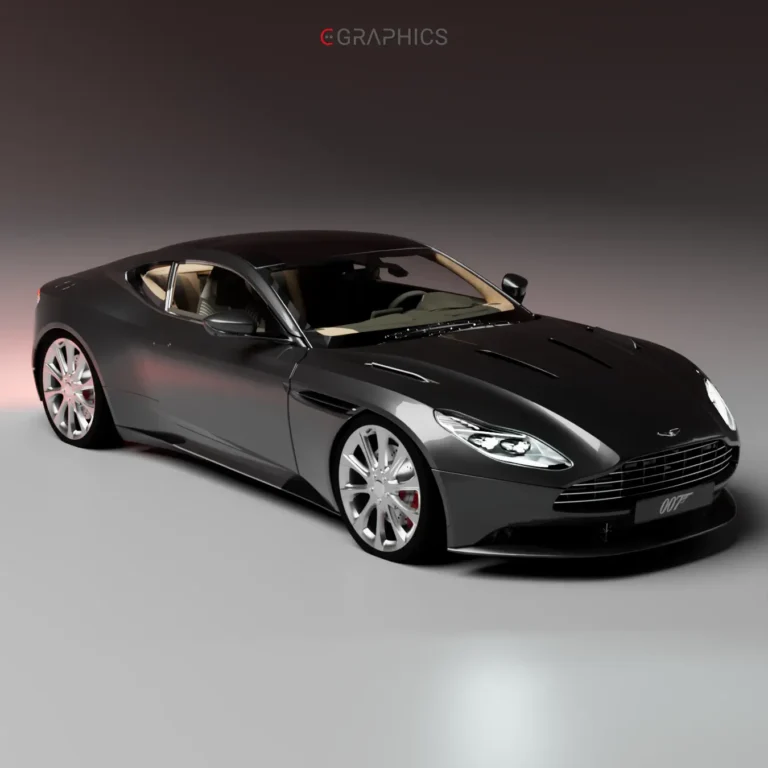 Rendu 3D Aston Martin DB11 gris métallisé vue 3/4 avant