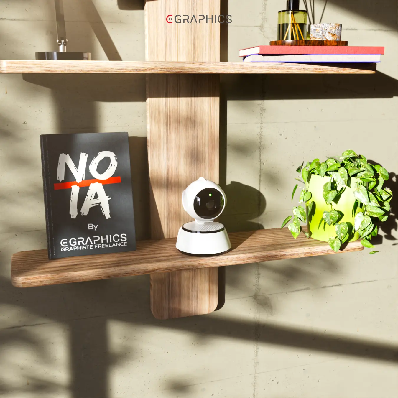 Caméra IP 3D photoréaliste blanche sur étagère en bois
