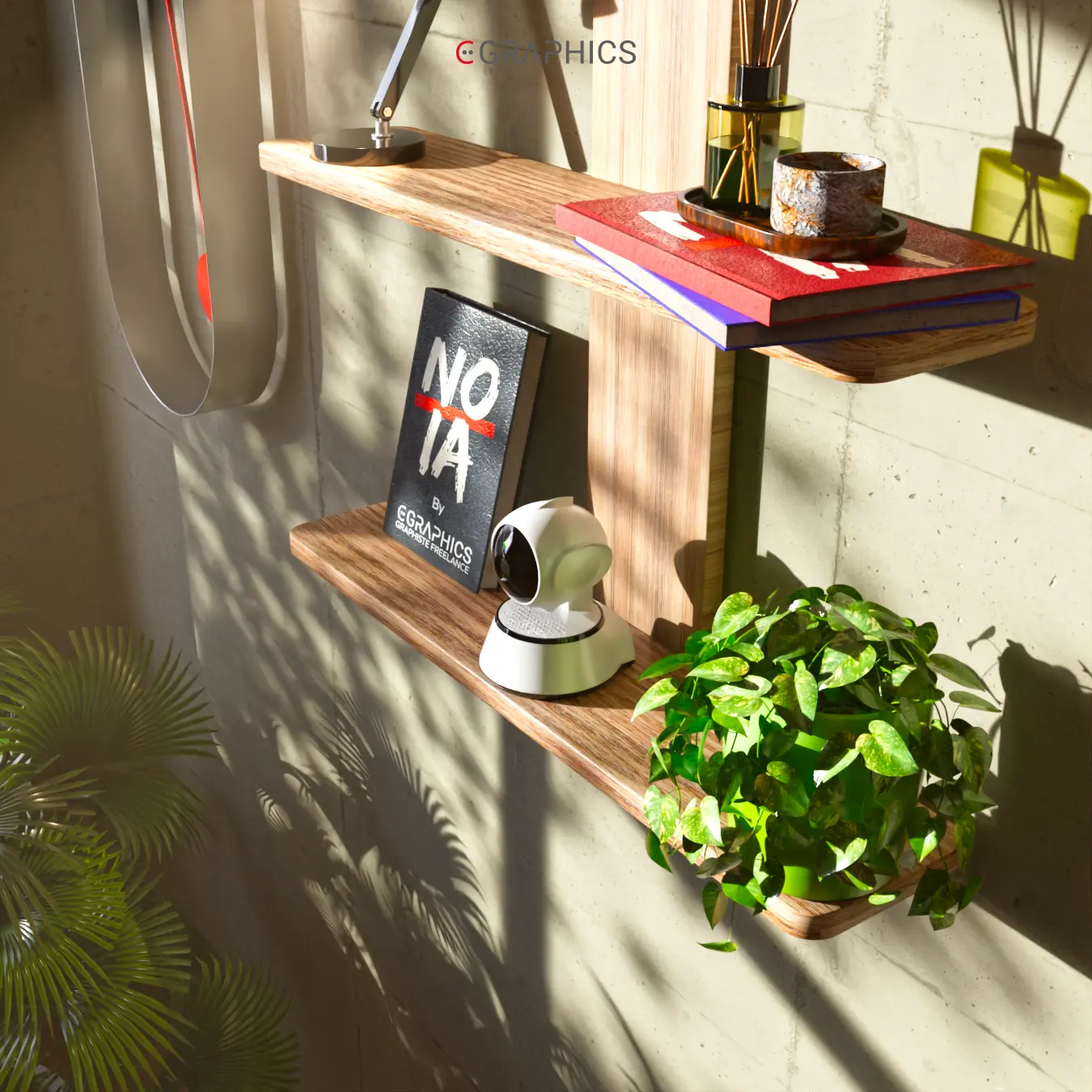Vue plongeante caméra IP 3D et plante d'intérieur