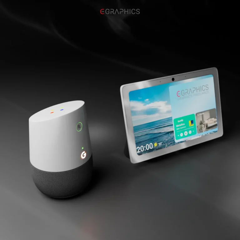 Modèle 3D Google Home montrant les LED supérieures multicolores actives.