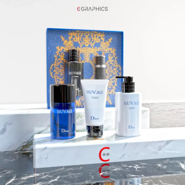 Rendu 3D du coffret Dior Sauvage sur podium en marbre