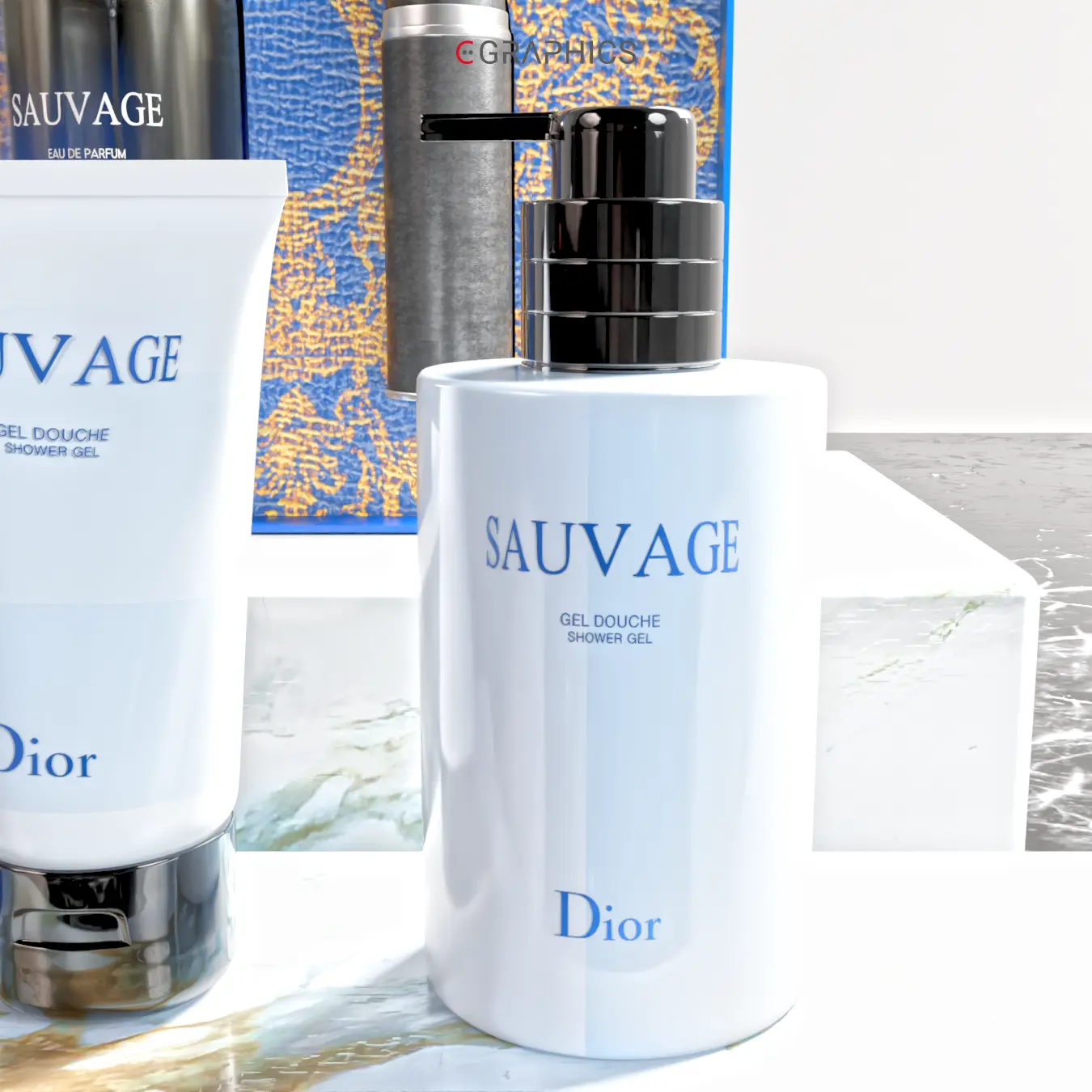 Animation 3D flacons de parfum Sauvage et gel douche