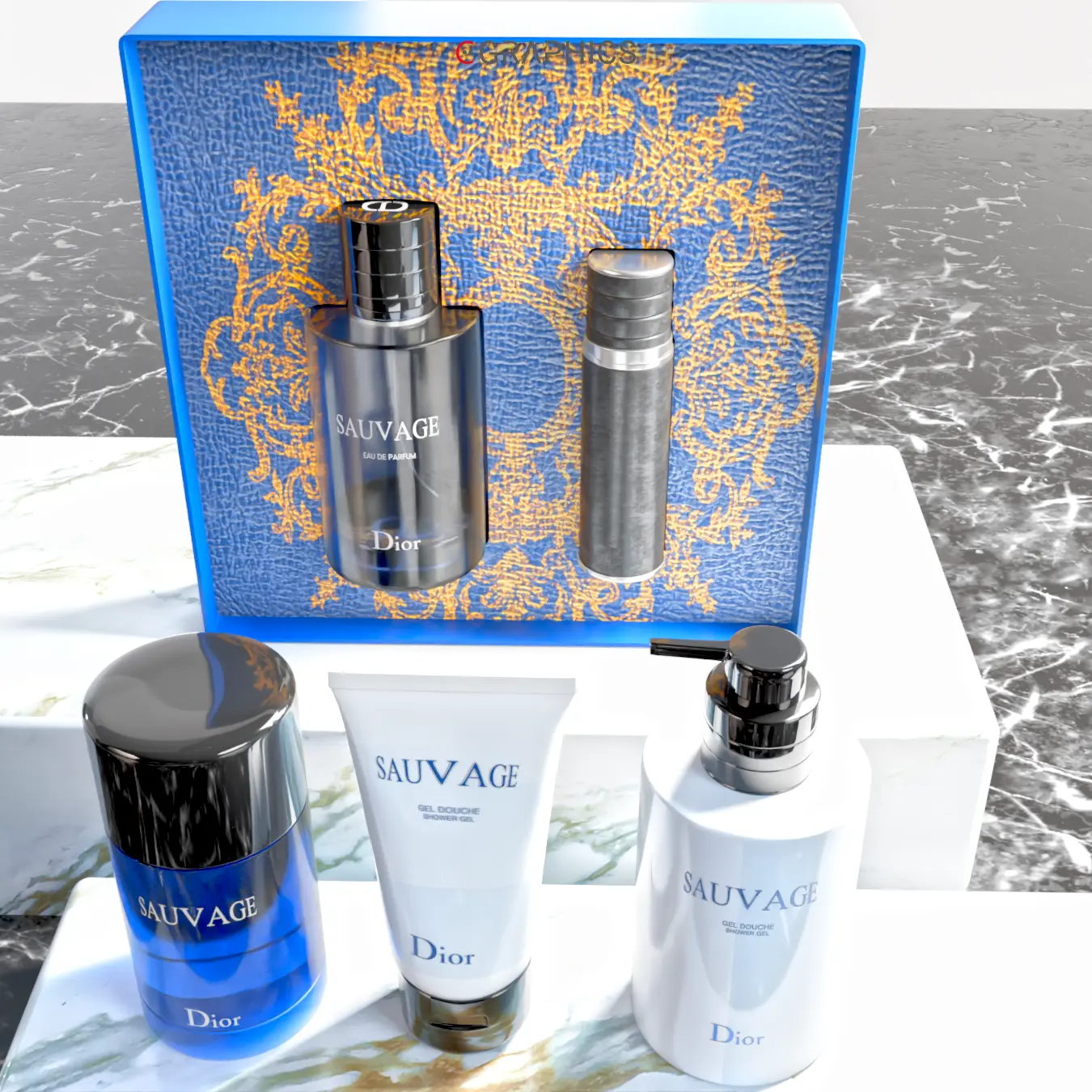 Reflets photoréalistes sur le verre bleu du parfum Sauvage