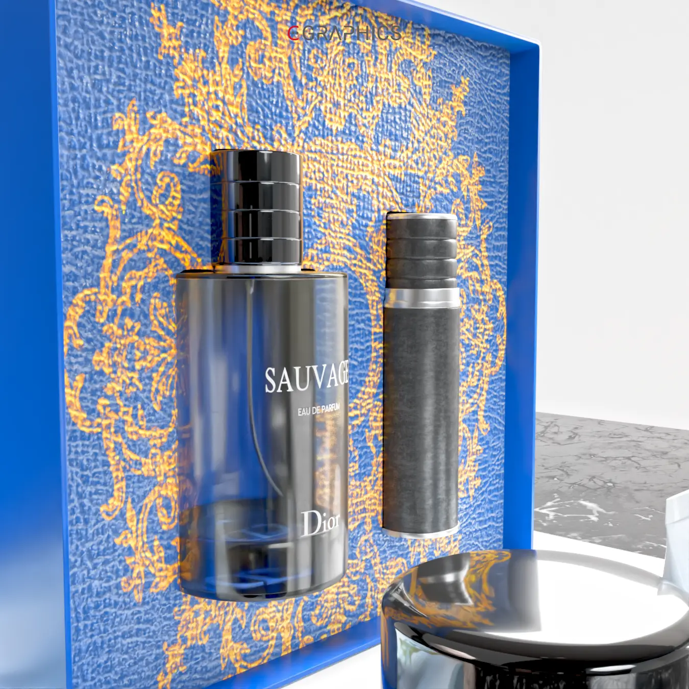Texture cuir bleu et motifs dorés du coffret Dior
