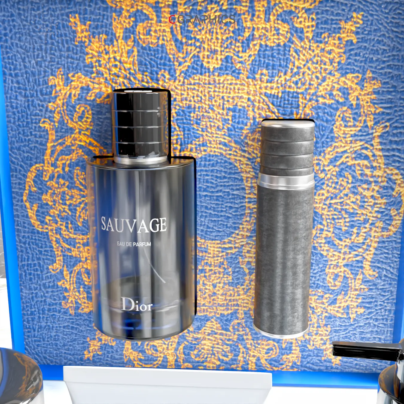 Rendu 3D déodorant Dior Sauvage sur socle marbré