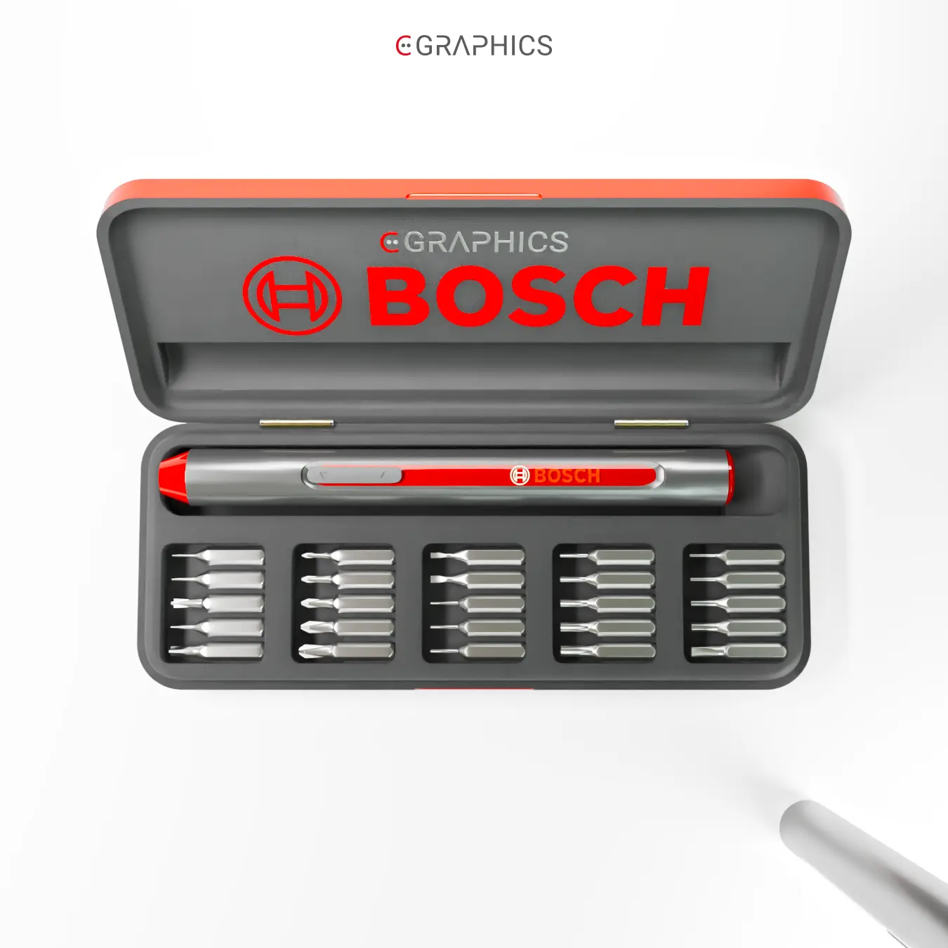 Vue en plongée du boîtier sur mesure pour visseuse de précision Bosch avec 25 embouts
