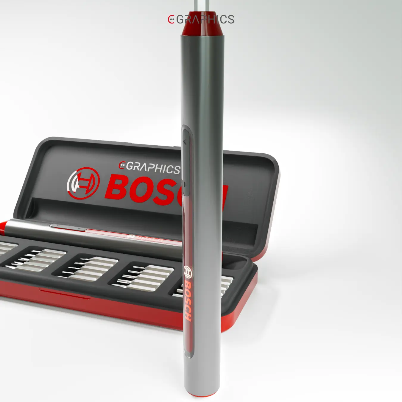 Gros plan vertical sur la visseuse 3D Bosch en aluminium brossé