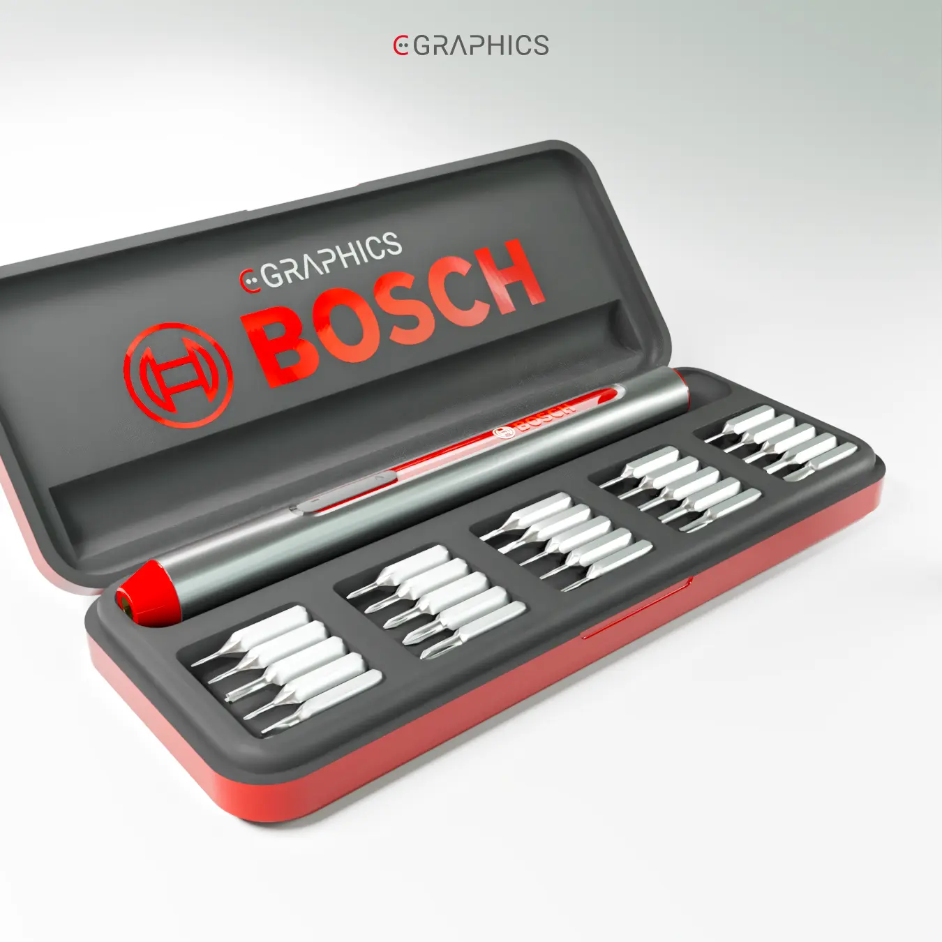 Rendu 3D grand-angle du coffret de rangement rouge et noir Bosch