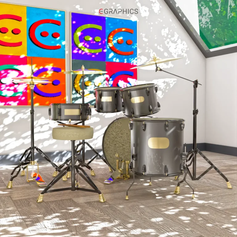 Rendu 3D de batterie acoustique noir mat avec jeu d'ombres végétales