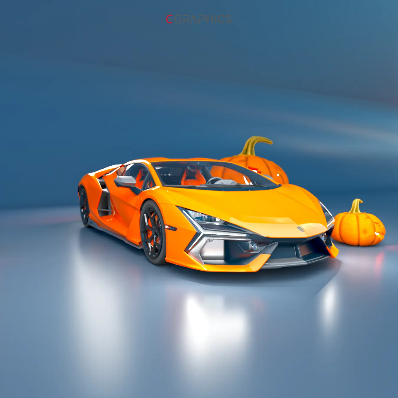 Vue 3/4 avant Lamborghini Revuelto orange rendu Arnold.