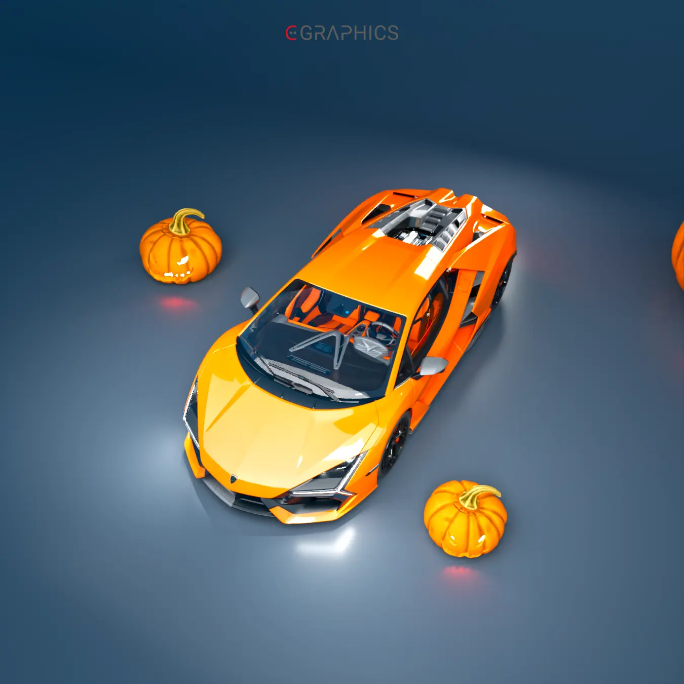 Lamborghini Revuelto CGI vue plongeante avec citrouilles d'Halloween.