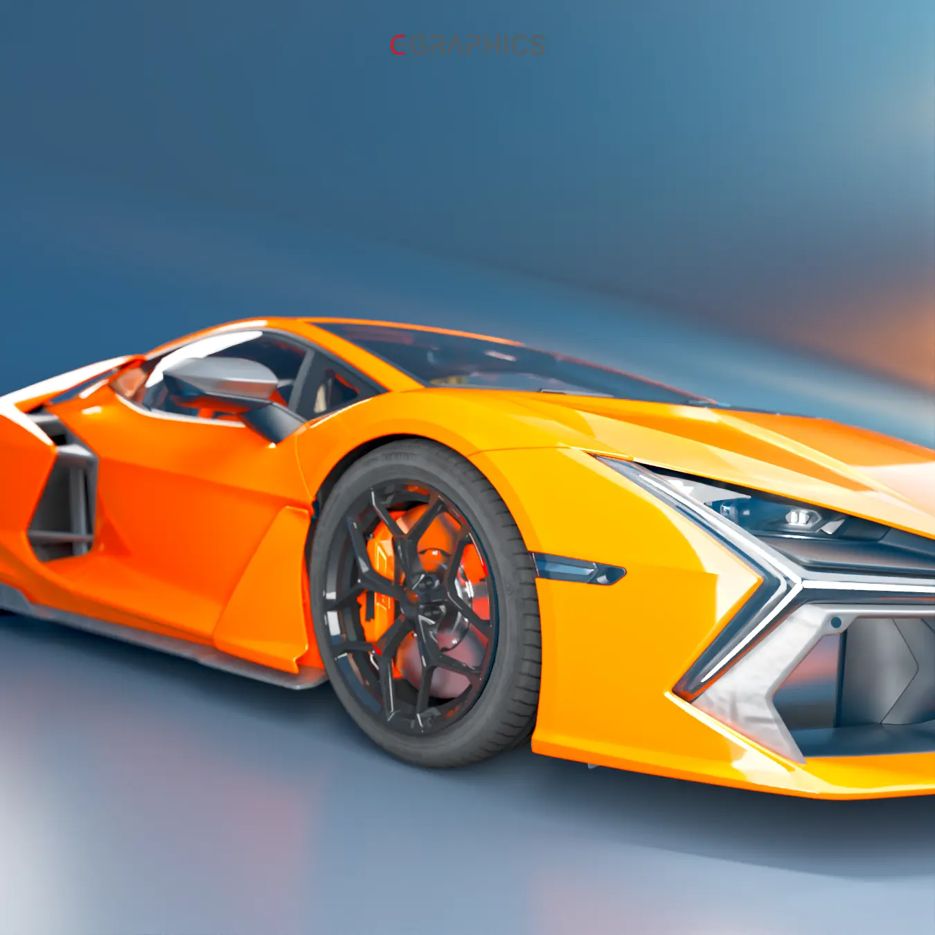 Rendu automobile 3D Lamborghini Revuelto profil dynamique.