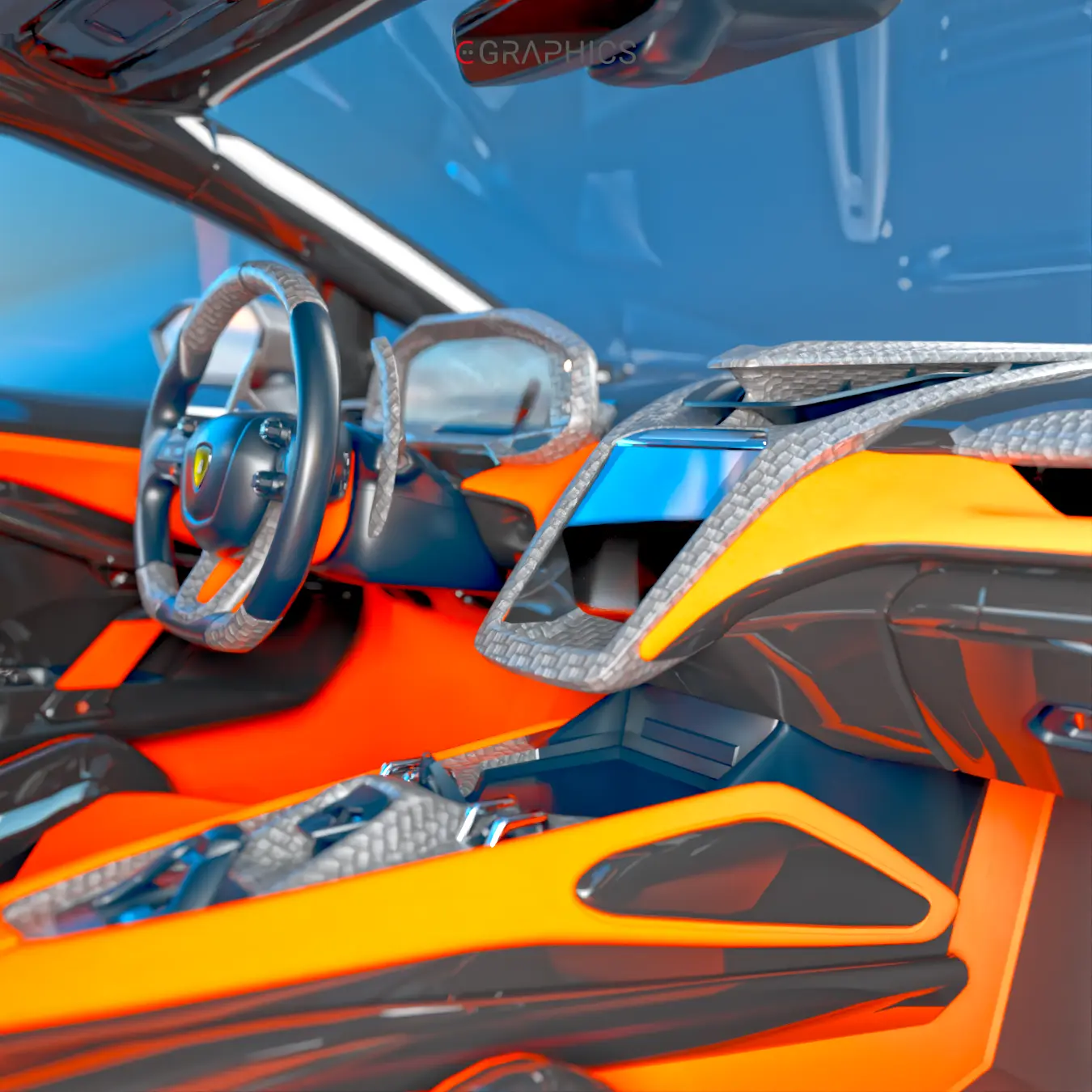 Intérieur 3D Lamborghini Revuelto textures carbone et cuir orange.