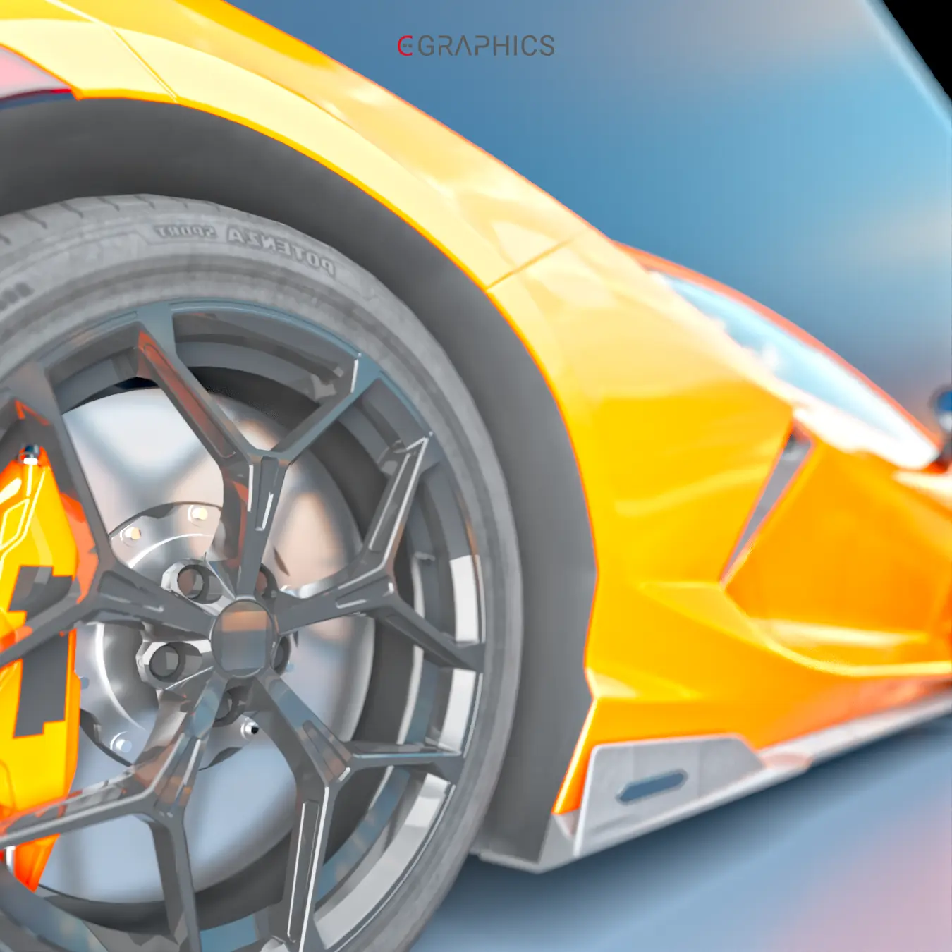 Détail jante noire et étrier de frein orange Lamborghini 3D.