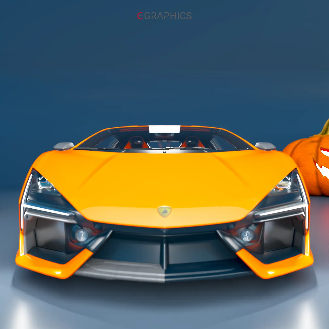 Rendu 3D photoréaliste Lamborghini Revuelto orange face avant.