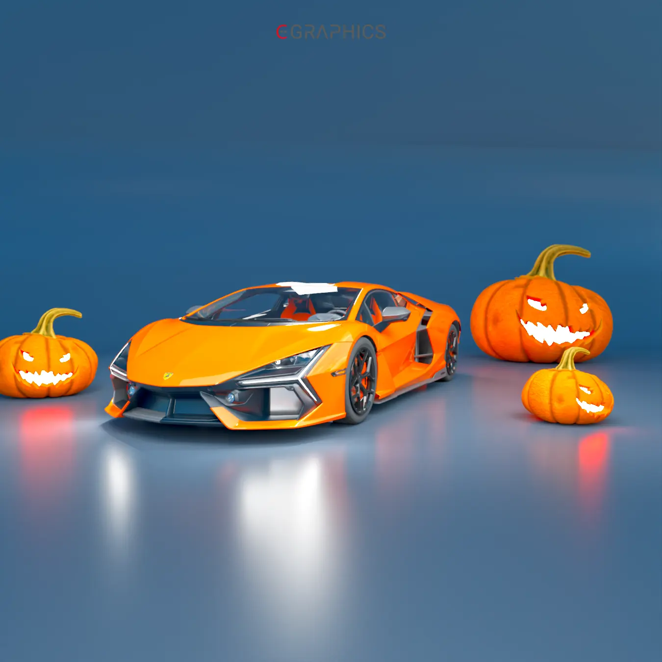 Lamborghini Revuelto orange décor Halloween citrouilles CGI.