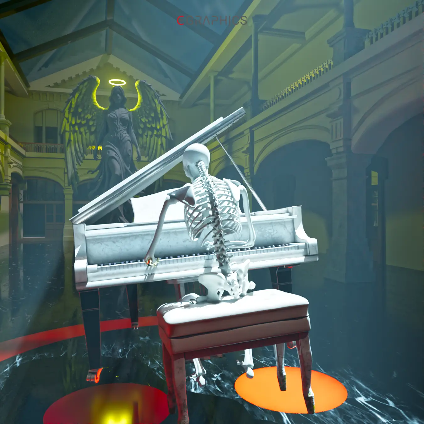 Squelette en 3D assis jouant du piano à queue dans un hall gothique