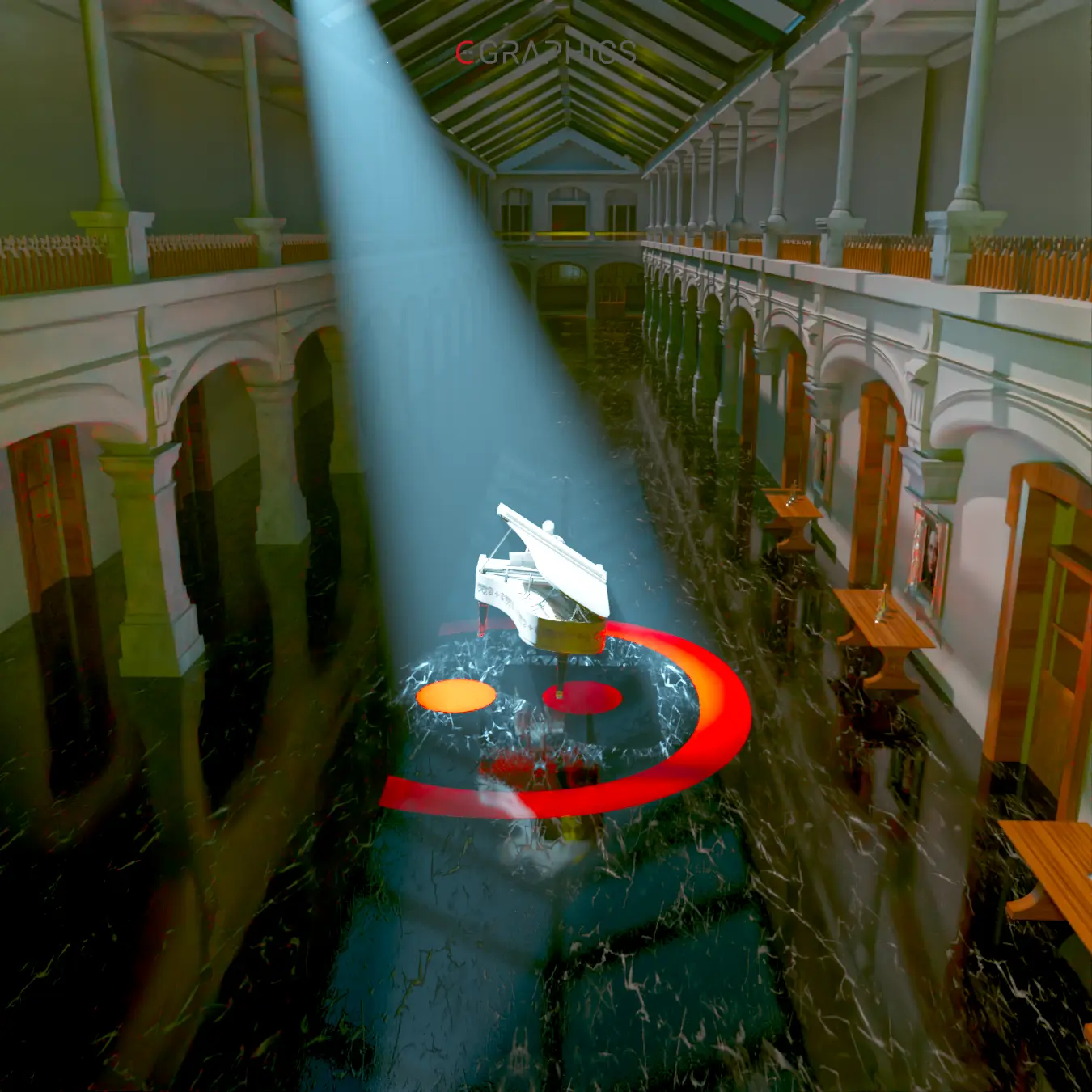 Vue en contre-plongée 3D du piano à queue et du squelette baigné d'une lumière dramatique