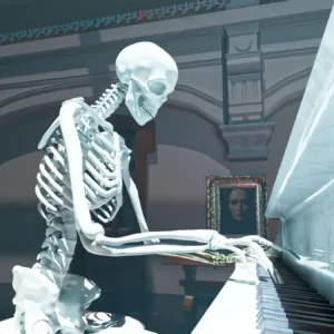 Gros plan 3D sur le buste du squelette et la texture de marbre veiné du piano