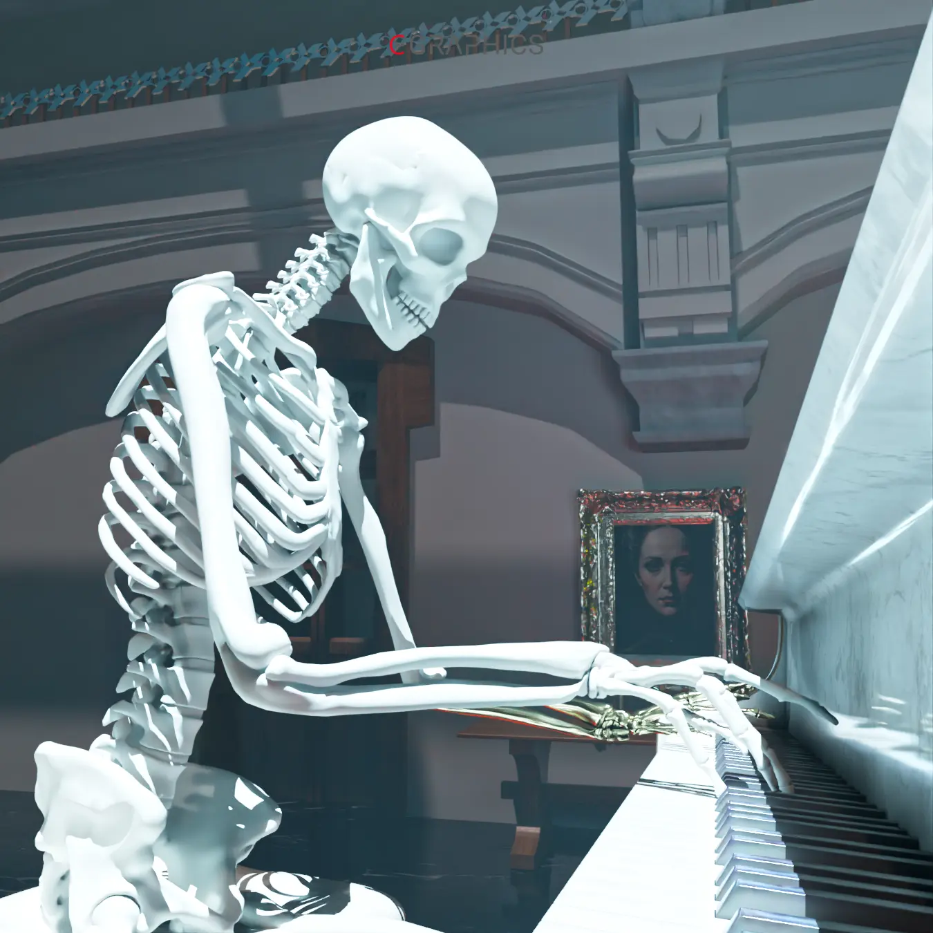 Gros plan 3D sur le buste du squelette et la texture de marbre veiné du piano